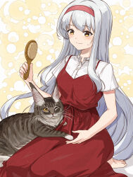 1girl alternate_costume animal barefoot blush buttons cat closed_mouth comb commission grey_hair hair_between_eyes hairband highres holding holding_comb kanmiya_shinobu kantai_collection long_hair red_hairband shirt short_sleeves shoukaku_(kancolle) skeb_commission smile solo toes white_shirt yellow_eyes