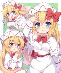 Rule 34 | 1girl, baku-p, blonde hair, blue eyes, commentary request, fairy, fairy wings, hat, lily white, long hair, open mouth, ribbon, smile, solo, touhou, translation request, wings