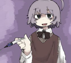 Rule 34 | 1girl, @ @, ahoge, bags under eyes, black bow, black bowtie, blush, bow, bowtie, brown sweater vest, collared shirt, colored eyelashes, dress shirt, green eyes, grey hair, half-closed eyes, holding, holding syringe, long sleeves, looking at viewer, open mouth, original, purple background, raised eyebrow, shirt, short hair, smile, solo, sweater vest, syringe, torosakana, upper body, white shirt