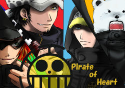 Rule 34 | bear, bepo, hat, hat over one eye, heart pirates, highres, jolly roger, jumpsuit, male focus, multiple boys, one piece, penguin (one piece), pirate, red hair, shachi (one piece), sunglasses, trafalgar law, yellow eyes