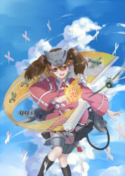 Rule 34 | 10s, 1girl, :d, aircraft, airplane, bad id, bad pixiv id, brown eyes, brown hair, day, flight deck, hat, japanese clothes, kantai collection, long hair, onmyouji, open mouth, roong, ryuujou (kancolle), scroll, shikigami, sky, smile, solo, twintails, visor cap