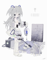 Rule 34 | 1girl, bag, unworn bag, bare shoulders, black bow, black eyes, black gloves, boots, bow, candle, charm (object), cross, dirty, dirty face, elbow gloves, english text, flower, from behind, full body, gloves, glowing, grave, grey hair, hair between eyes, hair ornament, highres, holding, holding lantern, holding shovel, holding weapon, jacket, knee boots, lantern, latin cross, long hair, looking at viewer, looking back, off shoulder, open clothes, open jacket, original, outo eguchi, shovel, signature, simple background, skull, sleeves past fingers, sleeves past wrists, slit pupils, solo, standing, tombstone, two side up, weapon, white background, white flower, white footwear, white jacket, yellow pupils