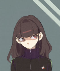 Rule 34 | 1girl, black jacket, brown hair, check commentary, commentary request, green background, jacket, long hair, original, shiratama (hockey), solo, star (symbol), track jacket, upper body, zipper