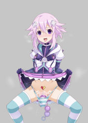 Rule 34 | 1girl, anal, anal beads, anal object insertion, bar censor, blue thighhighs, blush, censored, choker, clothes lift, corruption, d-pad, d-pad hair ornament, dildo, dress, dress lift, gozaru, grey background, hair between eyes, hair ornament, heavy breathing, highres, kami jigen game neptune v, latex, looking at viewer, medium hair, mind control, neptune (neptunia), neptune (series), nipple piercing, nipple stimulation, object insertion, open mouth, panties, piercing, piercing through clothes, pubic tattoo, purple dress, purple eyes, purple hair, pussy juice drip, sex toy, short sleeves, sidelocks, simple background, solo, spread legs, striped clothes, striped panties, striped thighhighs, tattoo, thighhighs, tongue, tongue out, turtleneck, turtleneck shirt, underwear, vaginal, vaginal object insertion, vest, vibrator, vibrator on nipple