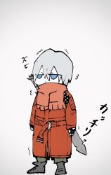 Rule 34 | 1boy, black gloves, blue eyes, chibi, closed mouth, coat, dante (devil may cry), devil may cry, devil may cry (series), devil may cry 3, fingerless gloves, gloves, gradient background, grey background, grey hair, hair between eyes, highres, male focus, moyashi san4, red coat, red scarf, scarf, solo, standing, sword, trembling, weapon, weapon on back