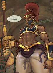 Rule 34 | 1boy, 1girl, abs, arm guards, arm tattoo, armlet, armor, artist name, ayaki blade, blonde hair, blue eyes, blurry, breasts, chromatic aberration, commentary, dark-skinned female, dark skin, earrings, english text, gerudo, giant, giantess, high ponytail, highres, holding, holding staff, hoop earrings, jewelry, link, mask, mouth mask, muscular, muscular female, navel, neck ring, nintendo, pointy ears, red hair, sidelocks, size difference, small breasts, staff, sword, tall female, tattoo, the legend of zelda, the legend of zelda: tears of the kingdom, toned, twitter username, watermark, weapon, weapon on back