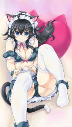 Rule 34 | 10s, 1girl, adjusting clothes, adjusting legwear, ahoge, animal ears, ankle ribbon, ass, bare shoulders, bikini, black footwear, black hair, blue eyes, blush, breasts, cat ears, cat tail, closed mouth, couch, detached collar, detached sleeves, frills, full body, hair ornament, heart, heart-shaped pillow, highres, kiyama satoshi, knees up, lace, lace-trimmed legwear, lace trim, leaning back, leg ribbon, leg up, long hair, looking at viewer, maid, maid bikini, maid headdress, md5 mismatch, midriff, miniskirt, multicolored background, neck ribbon, netoge no yome wa onna no ko janai to omotta?, no shoes, on couch, panties, pillow, pink background, red ribbon, ribbon, shoes, unworn shoes, sitting, skirt, smile, solo, swimsuit, tail, tamaki ako, thighhighs, thighs, unconventional maid, underwear, upskirt, white thighhighs, x hair ornament