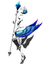 Rule 34 | 1girl, armor, armored dress, blunt bangs, boots, braid, braided bun, choker, closed eyes, dress, from side, gwendolyn (odin sphere), hair bun, hair ornament, head wings, highres, leg wings, low wings, odin sphere, partially colored, polearm, profile, simple background, solo, sousou (sousouworks), spear, strapless, strapless dress, thigh boots, thighhighs, weapon, white background, wings