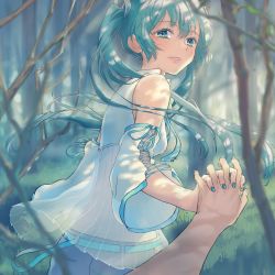 Rule 34 | 1boy, 1girl, akizakura mns, alternate costume, aqua eyes, aqua hair, aqua nails, aqua necktie, bare shoulders, belt, blouse, blue skirt, commentary, dappled sunlight, detached sleeves, forest, hair ornament, half-closed eyes, hatsune miku, highres, holding hands, interlocked fingers, lace-up sleeves, light smile, lips, long hair, looking at viewer, master (vocaloid), nail polish, nature, necktie, outdoors, parted lips, pov, pov hands, see-through, shirt, sidelighting, skirt, sleeveless, sleeveless shirt, sunlight, tree, twintails, very long hair, vocaloid, white shirt, white sleeves