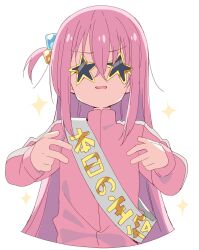 Rule 34 | 1girl, bocchi the rock!, cropped torso, cube hair ornament, facing viewer, gotoh hitori, hair between eyes, hair ornament, highres, jacket, long hair, long sleeves, meito (maze), one side up, parted lips, pink jacket, sash, simple background, sleeves past wrists, solo, sparkle, star-shaped eyewear, star (symbol), sunglasses, track jacket, upper body, very long hair, white background, yellow-framed eyewear