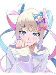 Rule 34 | 1girl, absurdres, blonde hair, blue bow, blue eyes, blue hair, blue shirt, bow, chouzetsusaikawa tenshi-chan, closed mouth, commentary request, hair bow, hair ornament, hand up, heart, heart hair ornament, highres, long hair, long sleeves, looking at viewer, multicolored hair, multiple hair bows, needy girl overdose, pink bow, pink hair, purple bow, quad tails, sailor collar, shirt, simple background, smile, solo, twintails, upper body, white background, zzz owo