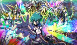 Rule 34 | 2boys, artist name, blue hair, blue vest, breasts, clenched hand, cowboy shot, duel disk, green eyes, highres, johan andersen, looking at viewer, male focus, medium breasts, multiple boys, outstretched arm, rainbow, rainbow dragon overdrive, rainbow neos, rainbow overdragon, shirt, smirk, spiked hair, vest, vincent graphic art, white shirt, yu-gi-oh!, yu-gi-oh! gx