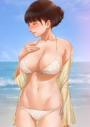 Rule 34 | 1girl, absurdres, arm behind back, asaba0327, bikini, blush, breasts, brown hair, collarbone, closed eyes, food, fruit, groin, highres, large breasts, lips, looking to the side, mole, mole on breast, navel, nose, original, short hair, skindentation, solo, swimsuit, watermelon, white bikini