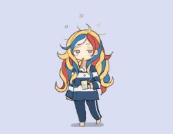 Rule 34 | 1girl, blonde hair, blue background, blue eyes, blue hair, commandant teste (kancolle), cup, holding, holding cup, kantai collection, long hair, long sleeves, messy hair, multicolored hair, pajamas, pants, red hair, saiguchi otoufu, simple background, solo, toothbrush, toothbrush in mouth, white hair