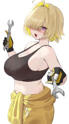 Rule 34 | absurdres, ahoge, black gloves, black shirt, blonde hair, blush, breasts, cleavage, commentary request, crop top, elegg (nikke), fang, gloves, goddess of victory: nikke, hair intakes, hair over one eye, highres, holding, holding wrench, large breasts, looking at viewer, medium hair, open mouth, pants, purple eyes, rabbit pin, reaching, reaching towards viewer, shirt, sideboob, simple background, smile, solo, tongue, umbsy gi, white background, wrench, yellow pants