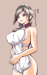 Rule 34 | 10s, 1girl, apron, breasts, brown background, brown hair, chitose (kancolle), female focus, kantai collection, large breasts, lips, long hair, makoto098, mole, mole under eye, naked apron, ponytail, solo, translation request