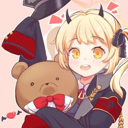 Rule 34 | 1girl, black horns, blonde hair, blue archive, demon horns, gehenna academy logo, halo, hat, heart, highres, horns, ibuki (blue archive), kelsuis, notice lines, oversized clothes, peaked cap, side ponytail, stuffed animal, stuffed toy, teddy bear, winged heart, yellow eyes, yellow halo