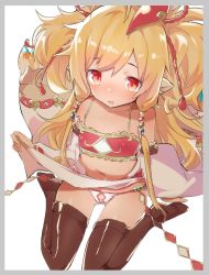 Rule 34 | 1girl, animal ears, bandeau, bare shoulders, black thighhighs, blonde hair, caburi, clothes lift, detached sleeves, feathers, granblue fantasy, hair between eyes, hair ornament, harvin, highres, lifted by self, long hair, mahira (granblue fantasy), navel, panties, pointy ears, red eyes, sitting, skirt, skirt lift, solo, teeth, thighhighs, underwear, upper teeth only, very long hair, wariza, white background, white panties, wide sleeves