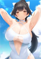 Rule 34 | 1girl, armpits, azur lane, black hair, blush, bow, breasts, brown eyes, casual one-piece swimsuit, cleavage, closed mouth, collarbone, criss-cross halter, day, detached sleeves, flower, hair bow, hair flower, hair ornament, halterneck, large breasts, long hair, looking at viewer, navel, nekoshoko, one-piece swimsuit, outdoors, ponytail, sky, solo, swimsuit, takao (azur lane), takao (beach rhapsody) (azur lane), very long hair, white bow, white one-piece swimsuit