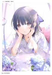 Rule 34 | 1girl, 6u (eternal land), absurdres, black hair, blush, brown eyes, earrings, floral print, flower, hair ornament, hands on own cheeks, hands on own face, highres, hydrangea, japanese clothes, jewelry, kimono, looking at viewer, lying, medium hair, on stomach, open mouth, original, page number, scan, simple background, solo, striped, vertical stripes, water, water drop