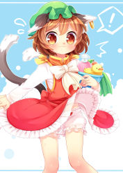 Rule 34 | 1girl, :3, animal ears, bloomers, bow, brown eyes, brown hair, bucket, cat ears, cat tail, chen, clothes lift, flying sweatdrops, hat, ibaraki natou, mob cap, multiple tails, nekomata, shirt, skirt, skirt lift, skirt set, solo, tail, touhou, two tails, underwear, vest