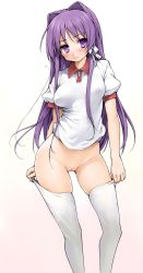 Rule 34 | 00s, 1girl, adjusting clothes, adjusting legwear, blush, bottomless, breasts, clannad, cleft of venus, covered erect nipples, embarrassed, female focus, flying sweatdrops, fujibayashi kyou, gradient background, groin, gym uniform, hair intakes, hair ornament, hair ribbon, head tilt, highres, hip focus, ishikei, large breasts, legs, lips, long hair, looking at viewer, no bra, puffy sleeves, purple eyes, purple hair, pussy, ribbon, see-through, shiny skin, short sleeves, simple background, skindentation, solo, standing, thighhighs, thighs, third-party edit, uncensored, uniform, white background, white thighhighs