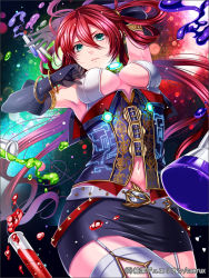 Rule 34 | 1girl, belt, bracelet, breasts, cecily nove, cleavage, copyright name, corset, elbow gloves, flask, from below, frown, garter straps, gloves, green eyes, jewelry, junketsu duelion, lots of jewelry, matsurika youko, miniskirt, navel, official art, red hair, skirt, solo, test tube, thighhighs