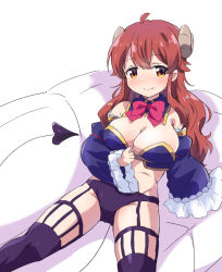 Rule 34 | bow, bowtie, breasts, cleavage, closed mouth, curled horns, demon girl, demon horns, demon tail, detached sleeves, horns, large breasts, long hair, looking at viewer, lying, machikado mazoku, mukaibi aoi, on back, purple thighhighs, red bow, red bowtie, red eyes, red hair, simple background, smile, solo, tail, thighhighs, white background, yoshida yuuko (machikado mazoku)