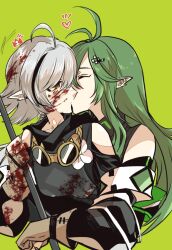 Rule 34 | 2girls, ahoge, antenna hair, arknights, ban syou, bare shoulders, black hair, black shirt, blood, blood in hair, blood on clothes, blood on face, brown gloves, closed eyes, d-pad, d-pad hair ornament, gavial (arknights), gloves, goggles, goggles around neck, green background, green hair, grey hair, hair ornament, heart, highres, holding, holding staff, kiss, long hair, multicolored hair, multiple girls, partially fingerless gloves, pointy ears, shirt, short hair, simple background, staff, streaked hair, tomimi (arknights), upper body, yellow eyes, yuri