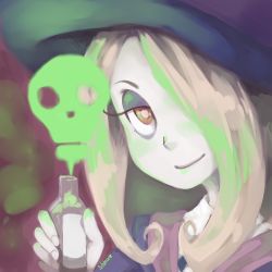 Rule 34 | 10s, 1girl, bad id, bad pixiv id, hair over one eye, hat, little witch academia, lowres, poison, potion, skull, smile, solo, sucy manbavaran, venusianpeach, witch, witch hat