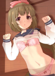 Rule 34 | 1girl, :o, blue sailor collar, blue skirt, blush, bow, bow bra, bow panties, bra, breasts, brown eyes, brown hair, clothes lift, clothes pull, commentary request, dutch angle, hair bow, hands up, highres, idolmaster, idolmaster cinderella girls, long hair, long sleeves, looking at viewer, lying, navel, noizou (zatuo008), on back, open clothes, open skirt, panties, parted lips, pink bow, pink bra, pink panties, sailor collar, school uniform, serafuku, shirt, shirt lift, skirt, skirt pull, sleeves past wrists, small breasts, solo, stomach, underwear, very long hair, white shirt, wooden floor, yorita yoshino
