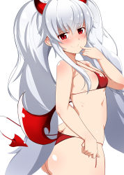 Rule 34 | 1girl, absurdres, ass, bat wings, bikini, blush, breasts, commentary request, demon girl, demon tail, finger to mouth, from side, grim aloe, highres, horns, long hair, looking back, quiz magic academy, quiz magic academy the world evolve, red bikini, red eyes, seihekiog, side-tie bikini bottom, silver hair, small breasts, smile, solo, swimsuit, tail, thong bikini, twintails, upper body, very long hair, wings