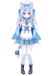 Rule 34 | 1girl, animal ear fluff, animal ears, apron, bell, blue eyes, blue hair, boots, bow, cafe omusubiya, cat ears, cat girl, cat tail, choker, cross-laced footwear, d omm, frilled skirt, frills, full body, gradient hair, hair bow, hair ornament, highres, japanese clothes, jingle bell, kimono, long hair, maid, maid apron, maid headdress, multicolored hair, neck bell, paw pose, silver hair, simple background, skirt, tail, thighhighs, two side up, virtual youtuber, wa maid, white background, white thighhighs, yukata, yukino koromo, zettai ryouiki