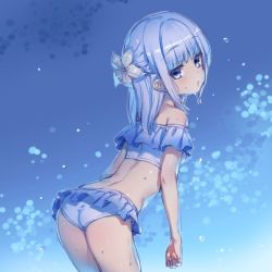 Rule 34 | 1girl, ass, back, bikini, blue background, blue bikini, blue eyes, blue hair, breasts, commentary request, ears, expressionless, flower, frilled bikini, frilled swimsuit, frills, from behind, hair flower, hair ornament, hisasi, irodorimidori, kobotoke nagi, leaning forward, looking at viewer, looking back, open mouth, short hair, simple background, small breasts, solo, swimsuit, thighs, wet, wet clothes, wet swimsuit