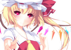 Rule 34 | 1girl, ascot, blonde hair, embodiment of scarlet devil, female focus, flandre scarlet, hat, hat ribbon, kabata (mechisan), no nose, outstretched arm, red eyes, ribbon, short hair, short sleeves, side ponytail, simple background, smile, solo, touhou, upper body, v, white background, wings