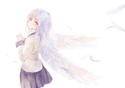 Rule 34 | 1girl, angel, angel beats!, angel wings, black skirt, blush, closed mouth, commentary request, expressionless, eyelashes, falling feathers, feathered wings, feathers, from behind, hair between eyes, hands up, head tilt, highres, interlocked fingers, jacket, long hair, long sleeves, looking at viewer, looking back, miniskirt, nujii, own hands together, pleated skirt, school uniform, simple background, skirt, solo, tenshi (angel beats!), white background, white feathers, white hair, white wings, wings, yellow eyes, yellow jacket