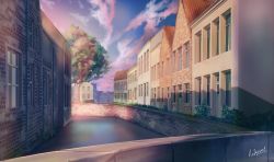 Rule 34 | absurdres, bad id, bad pixiv id, blue sky, building, cloud, commentary request, grass, hakuurei amano, highres, house, no humans, original, outdoors, river, scenery, shadow, sky, sunrise, tree, water, watermark