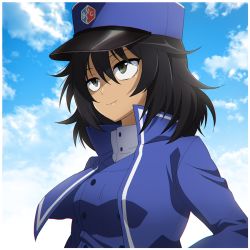 Rule 34 | 1girl, andou (girls und panzer), bc freedom (emblem), bc freedom military uniform, black hair, blue hat, blue jacket, blue sky, blue vest, brown eyes, closed mouth, cloud, cloudy sky, commentary request, dark-skinned female, dark skin, day, dress shirt, emblem, girls und panzer, hat, high collar, jacket, long sleeves, looking to the side, medium hair, messy hair, military, military hat, military uniform, outdoors, shako cap, shinaso (sachi-machi), shirt, sky, smile, solo, uniform, upper body, vest, white shirt
