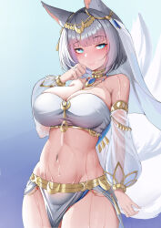 Rule 34 | 1girl, absurdres, animal ear fluff, animal ears, arabian clothes, azur lane, bandeau, bare shoulders, blue background, blue eyes, blue gemstone, blush, bob cut, breasts, cleavage, closed mouth, cowboy shot, dancer, detached sleeves, fox ears, fox girl, fox tail, gem, gold, gold choker, gold trim, gradient background, hair ornament, hand to own mouth, harem outfit, headpiece, highres, jewelry, kaga (azur lane), kaga (snowsilk fox dance) (azur lane), kitsune, lahz52, large breasts, light smile, loincloth, long sleeves, looking at viewer, midriff, multiple tails, navel, necklace, official alternate costume, pelvic curtain, puffy long sleeves, puffy sleeves, revealing clothes, see-through, see-through sleeves, short hair, simple background, smile, solo, standing, stomach, sweat, tail, veil, white hair, white sleeves, white tail