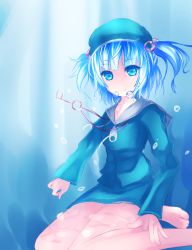 Rule 34 | 1girl, aqua eyes, bad id, bad pixiv id, barefoot, blue eyes, blue hair, bubble, collarbone, dress, floating, floating hair, floating object, hair bobbles, hair ornament, hat, highres, hood, hoodie, jewelry, kawashiro nitori, key, key necklace, light rays, long sleeves, looking at viewer, matching hair/eyes, necklace, rinne (kouheiramia), shirt, sitting, skirt, skirt set, smile, solo, sunlight, touhou, twintails, two side up, underwater, wet, wet clothes