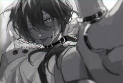 Rule 34 | 1boy, absurdres, blurry, blurry foreground, collar, ensemble stars!, greyscale, hair between eyes, headset, highres, jacket, jewelry, kitsunekotori, long hair, male focus, monochrome, multiple rings, one-hour drawing challenge, one eye closed, ponytail, ring, shiina niki, simple background, solo, sweat, tongue, tongue out, upper body