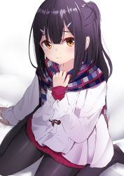Rule 34 | 1girl, black pantyhose, blue scarf, brown eyes, brown hair, closed mouth, coat, collarbone, commentary request, duffel coat, fate/kaleid liner prisma illya, fate (series), fingernails, fringe trim, hair ornament, hairclip, highres, hikashou, long hair, long sleeves, looking at viewer, miyu edelfelt, miyu edelfelt (final ascension), no shoes, pantyhose, plaid, plaid scarf, ponytail, red sweater, revision, scarf, sitting, sleeves past wrists, smile, solo, sweater, wariza, white coat