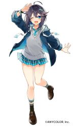 Rule 34 | 1girl, :d, ahoge, arm up, black hair, black jacket, blue eyes, blue necktie, blue skirt, blush, brown footwear, cardigan, collared shirt, full body, grey cardigan, hair ornament, highres, hood, hooded jacket, jacket, leg up, looking at viewer, miniskirt, necktie, nijisanji, one eye closed, open clothes, open jacket, open mouth, oshio (dayo), pleated skirt, shirt, shoes, simple background, skirt, smile, solo, sorahoshi kirame, standing, standing on one leg, virtual youtuber, white background, white shirt