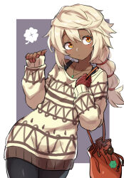 Rule 34 | 1girl, absurdres, alternate costume, arm wrap, blonde hair, blush, border, bra strap, covering privates, covering breasts, cowboy shot, dark-skinned female, dark skin, gazacy (dai), guilty gear, guilty gear strive, highres, jewelry, long hair, long sleeves, looking to the side, necklace, orange eyes, ponytail, purple background, ramlethal valentine, solo, sweater, white border