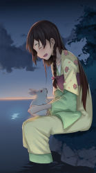 Rule 34 | 1girl, :d, blush, bow, bra, braid, brown hair, rabbit, closed eyes, floral print, from side, hair bow, highres, horizon, japanese clothes, kimono, lkqyan, long hair, looking at another, looking up, open mouth, original, outdoors, pink bra, profile, sideways mouth, single braid, sitting, smile, soaking feet, solo, sunrise, underwear, water