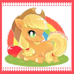 Rule 34 | 1girl, apple, applejack, blonde hair, copyright name, cowboy hat, food, freckles, fruit, green eyes, hat, horse, lowres, my little pony, my little pony: friendship is magic, no humans, pony (animal), rainbow, solo, tail, yacchimonee