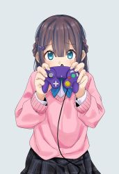 Rule 34 | 1girl, black skirt, blue eyes, blush, braid, brown hair, commentary request, cowboy shot, gamecube controller, grey background, hair ornament, hairclip, hands up, highres, holding, kiona (giraffe kiona), long sleeves, looking at viewer, medium hair, original, pink sweater, plaid, plaid skirt, simple background, skirt, solo, sweater