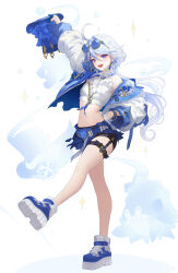 Rule 34 | 1girl, :d, absurdres, ahoge, alternate costume, arm up, ascot, asymmetrical gloves, belt, black footwear, blue-tinted eyewear, blue belt, blue eyes, blue footwear, blue gloves, blue hair, blue hat, blue jacket, commentary, crop top, daeho cha, earrings, eyewear on head, full body, furina (genshin impact), genshin impact, gentilhomme usher, gloves, hair between eyes, hand on own hip, hat, highres, holding, holding clothes, holding hat, jacket, jewelry, legs, light blue hair, long hair, looking at viewer, mademoiselle crabaletta, mismatched gloves, multicolored hair, navel, open mouth, round eyewear, sidelocks, simple background, smile, solo, sparkle, standing, standing on one leg, stomach, streaked hair, sunglasses, surintendante chevalmarin, teeth, thighs, tinted eyewear, top hat, upper teeth only, white ascot, white gloves, white jacket