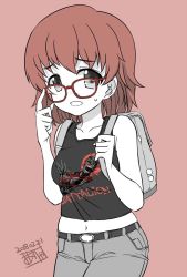 Rule 34 | 10s, 1girl, adjusting eyewear, alisa (girls und panzer), alternate hairstyle, artist name, backpack, bag, belt, bespectacled, black belt, black eyes, black shirt, brown background, brown hair, casual, clothes writing, collarbone, commentary, cowboy shot, dated, denim, freckles, fujimaru arikui, girls und panzer, glasses, grey pants, hair down, jeans, light frown, looking at viewer, midriff, navel, one-hour drawing challenge, open mouth, pants, print shirt, red-framed eyewear, shirt, short hair, signature, simple background, solo, standing, sweatdrop, tank top