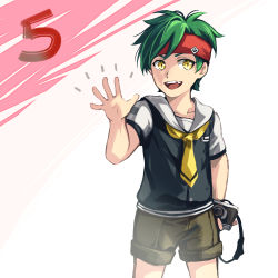 Rule 34 | 1boy, :d, brown shorts, camera, child, collarbone, cowboy shot, green hair, headband, holding, holding camera, jin (phoenixpear), looking at viewer, male focus, mikajime ryo, missing tooth, neckerchief, open mouth, red headband, sailor collar, short shorts, short sleeves, shorts, slit pupils, smile, solo, standing, white sailor collar, yellow eyes, yellow neckerchief, zanki zero